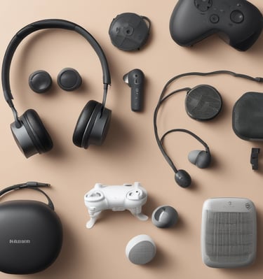 A collection of tech gadgets including wireless earbuds with an open charging case, a smartwatch displaying information, a carabiner clip, and a smartwatch strap. A green plant is partially visible on the side, providing a contrast to the predominantly white background.
