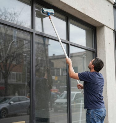 A professional window cleaner carefully working on second-floor office windows.