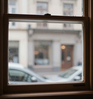 A sparkling storefront window with a bright gold and pink logo for Clearstreak Window Cleaning.