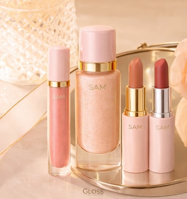 Elegante set de cosméticos rosa de SAM que incluye iluminador líquido con efecto brillante, gloss .
