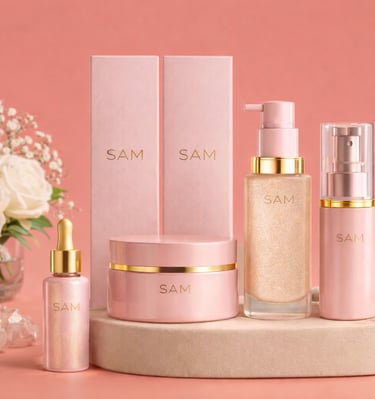 Colección de skincare rosa de lujo de SAM que incluye frascos, tarros y suero sobre un pedestal .