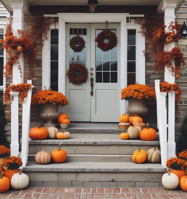 A decorative setting with three pumpkins in a wooden box adorned with the words 'happy fall'. The pumpkins vary in color from orange to white and are surrounded by artificial autumn leaves and small colorful beads on a string.