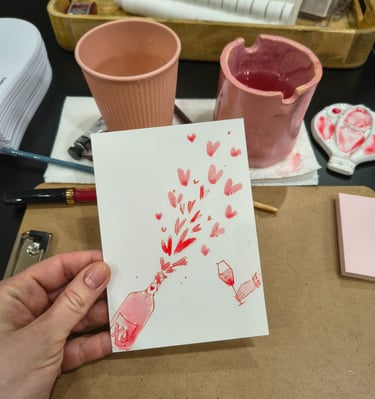 Liveillustration, handgemalte Valentinstagskarten, mit Tusche und Aquarell für Engelhorn Mannheim