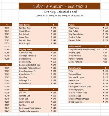 Nabhya Annam Food Menu