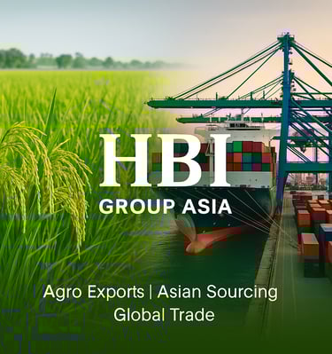 Marketing graphic for HBI Group Asia, showcasing verified exporters, agro trade programs, and smart trade infrastructure.