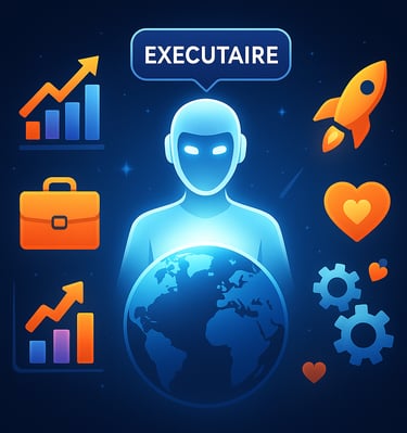 Promotional visual of AI Executaire, the multilingual AI business strategist offering automation and marketing solutions.