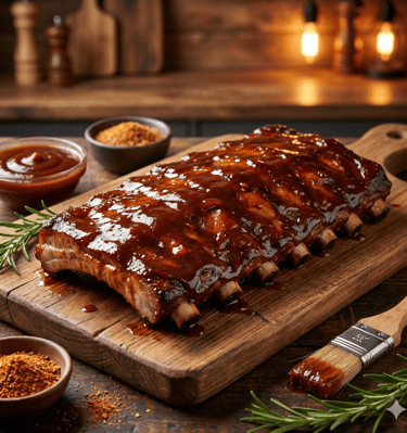 Costela suína defumada com barbecue artesanal do Rancho São Bento em Juquitiba.