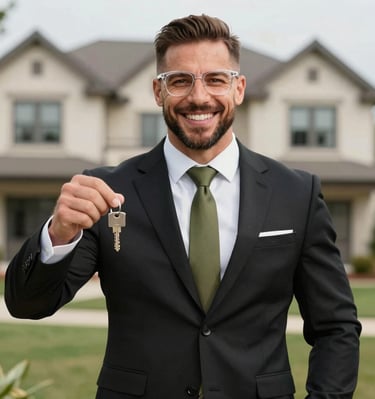 A man stands confidently wearing a pinstripe navy suit and white dress shirt, with a watch visible on his wrist. He is smiling slightly and has a neatly trimmed beard. The background is bright white, giving a clean and professional appearance.