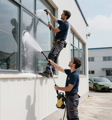 A building with a prominent red and white sign labeled 'SERVICE' against a bright blue sky with some clouds. The structure has a modern, industrial appearance with sleek lines and a clean design. A light fixture is visible on the wall.