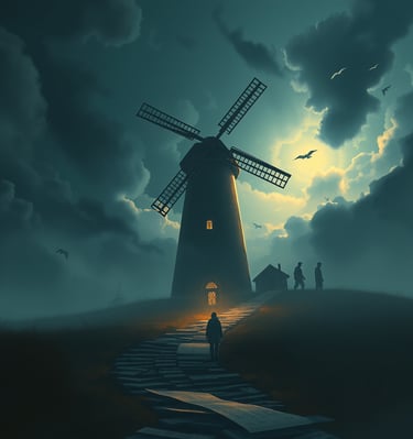 a windmill in the dark with a person walking down a path
