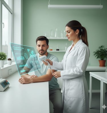 Un profesional usando una herramienta tecnológica (tablet o dispositivo biométrico) con un paciente