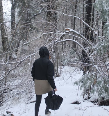 Person in winter jacket walking through a snowy forest trail in California holding an umbrella.