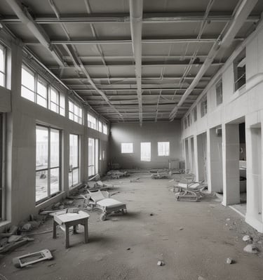 A view of a construction site, seen through a series of vertical window frames. A large crane is prominent against the skyline. The landscape outside includes rolling hills and a clear blue sky, while the interior features a metal railing and shadowed concrete surfaces.