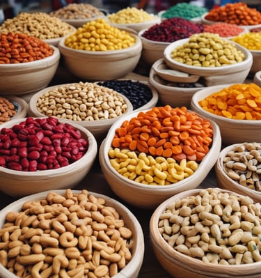 A bustling market scene showcasing dried fruits and nuts.