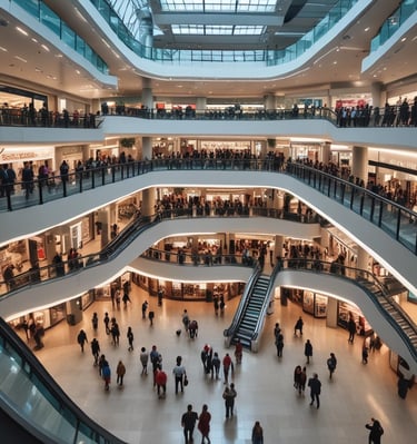 A multi-level shopping mall with numerous shops and large advertisements visible on the railings and walls. Escalators connect different levels, and people are walking around on the ground floor with a checkered tile pattern. Promotional banners from various brands adorn the space.