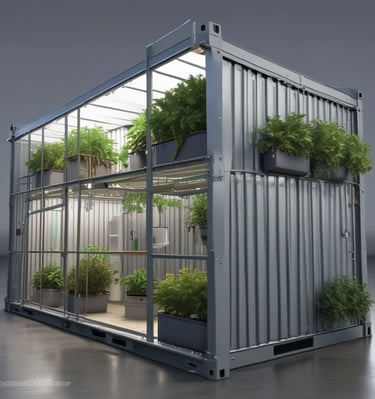 A large indoor hydroponic farm with rows of healthy green plants growing in white containers. The setup includes numerous overhead lights and support structures with reflective walls to enhance lighting. Ventilation ducts and power lines are visible, indicating a controlled environment.