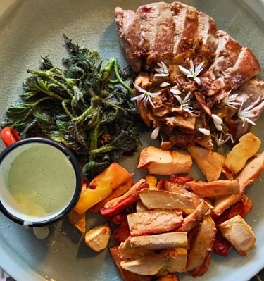 Pheasant breast with nettles, wild garlic mayo and chicken of the woods chips