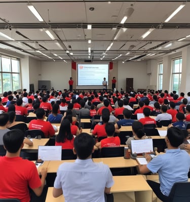 A group of people are attending a workshop focused on capacity building for instructors. The event is held in Padang and organized by various organizations, as indicated by the logos on the banner. A speaker in a red shirt is addressing the audience from a podium, while participants sit at round tables with water bottles and notes in front of them.