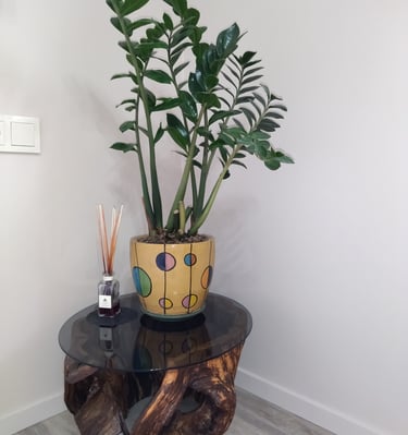 a planter with a plant in a wooden table