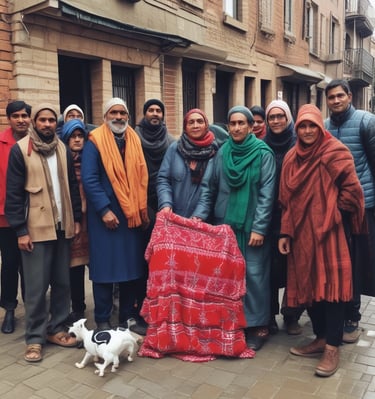 A person wearing a hat is leaning against large cardboard boxes labeled 'Amazon Disaster Relief' with humanitarian goods. The individual appears to be using a mobile phone. The boxes are strapped and suggest they are ready for transport or distribution. The setting appears to be outdoors with some greenery in the background.