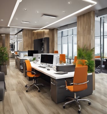 a modern office with a large desk and a computer