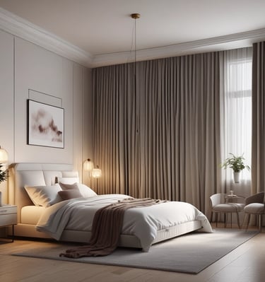 A bright bedroom featuring clean lines, a coral throw blanket, and natural light streaming in.