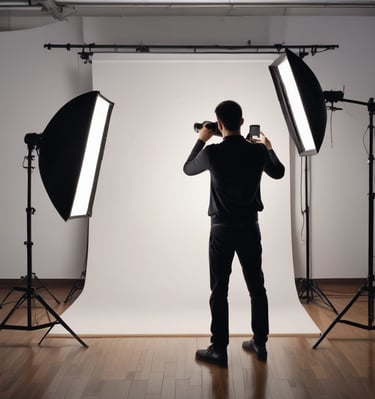A black and white image of a person with long hair sitting on the floor and holding a camera, capturing a photograph in a studio setting. The person is wearing a T-shirt with text on the back and is positioned in front of a white backdrop. Lighting equipment is visible around the setting.