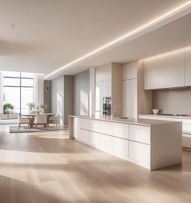 a kitchen with a large window and a table