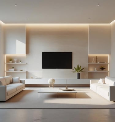 a living room with a large tv and a large window
