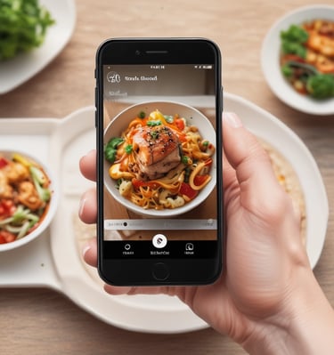 A smartphone is capturing an image of colorful, garnish-topped mini tacos on a plate. The tacos are adorned with vibrant purple cabbage, leafy greens, sliced avocado, and a drizzle of creamy sauce. The screen shows a close-up of the dish, revealing details of the toppings and textures.