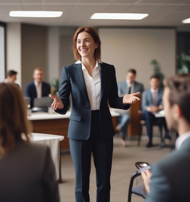 A person with long braided hair is wearing a light blue blazer over a white shirt and dark pants. They are standing in front of a background that includes branding for Beauty Point College. There is a seated audience and tables with bottled drinks in the background.