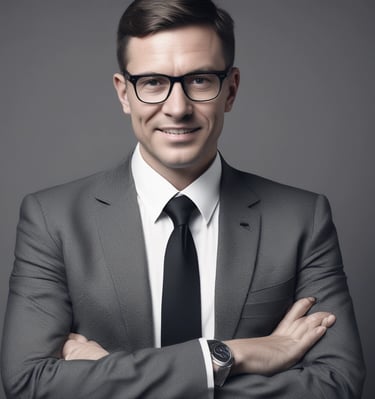 A person with light brown hair is seated on a red stool against a textured grey backdrop. They are wearing a black blazer, a black top, and vibrant red pants, paired with black heels. The pose is relaxed, and the expression is calm and composed.