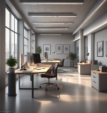 A modern interior space featuring clean lines and an open-concept layout. The area includes glass walls dividing the rooms, a hanging black lamp, a neutral-toned sofa set with cushions, and a sleek, minimalist design. The floor is polished, and the lighting is soft, contributing to a contemporary atmosphere.