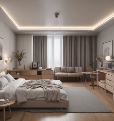 A modern interior with minimalist design featuring a sleek black couch next to a large window. A glass coffee table with a small plant sits on a light-colored rug over a tiled floor. The space is illuminated by ceiling lights and is partially enclosed by a wall with a reddish-brown panel design.