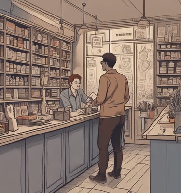 a man is standing in a store with a woman