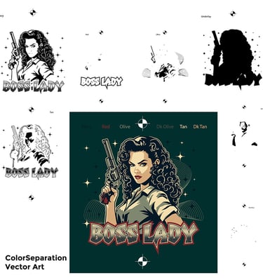 Color separation layers for screen-printed t-shirt design showing CMYK inks