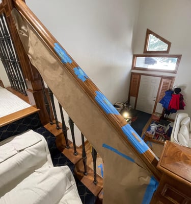 Oak staircase refinishing by Porqugal Woodworks LLC in Utah, detailed work on handrails and baluster