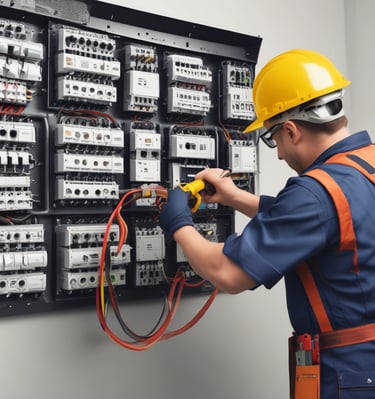 An electrical panel with several circuit breakers and transformers installed inside an industrial cabinet. The panel has a red backing and is surrounded by metal framing. Various wires and components are visible, indicating a complex setup.