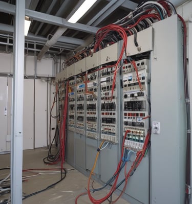 Two red electrical devices are mounted on a black corrugated metal wall, connected by a series of cables. The setup includes several black wires attached to the devices and a metal rack supporting the components.