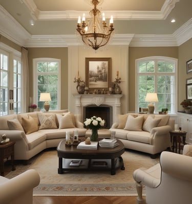 A cozy living room with modern furniture and warm lighting.