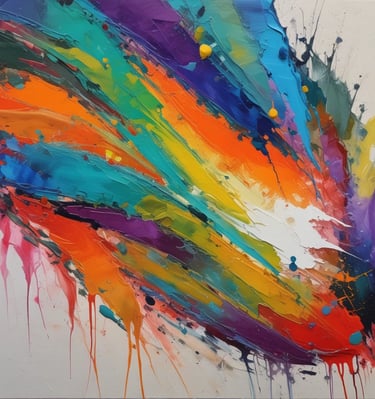 Close-up of a vibrant abstract painting with swirling colors and textured brushstrokes.
