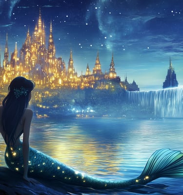 bioluminiscent mermaid sitting at the edge of a saltwater laggon