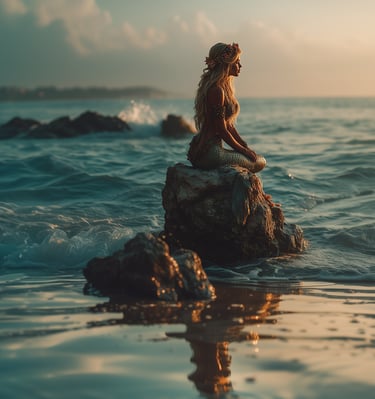 mermaid siting on a shoreline rock watching the sun set 