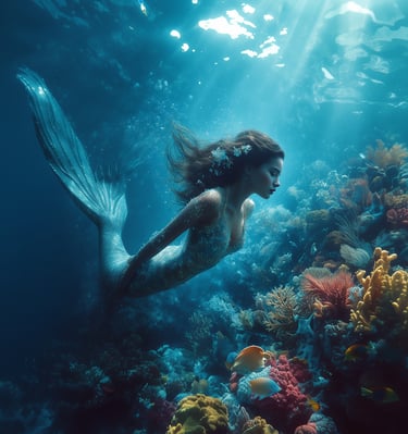 mermaid swimming around a coral reef