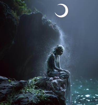 Mermaid sitting on a rock under a crescent moon