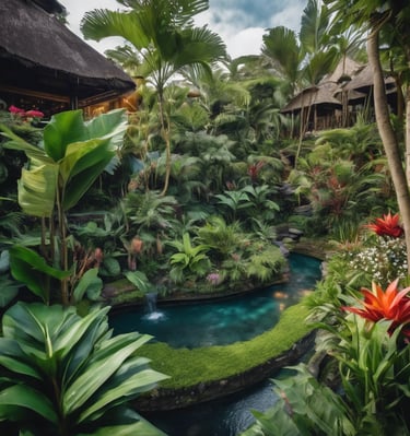 A garden sign is prominently displayed with text indicating 'RUMAH BEGONIA BROMELIAD' and 'BEGONIA & BROMELIAD HOUSE'. The sign has a circular graphic of flowers. It is surrounded by lush greenery and vibrant red flowers.