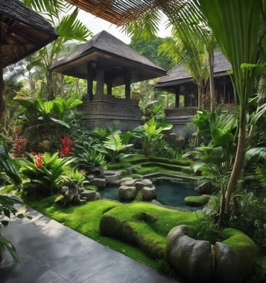 A neatly landscaped garden with lush green grass and various flowering plants surrounding the perimeter. Palm trees are spaced evenly along a white concrete wall, adding a tropical feel. In the foreground, a variety of small white flowers are in bloom, while a modern house with a glass facade is partially visible on the left. The sky is clear and blue, suggesting a sunny day.
