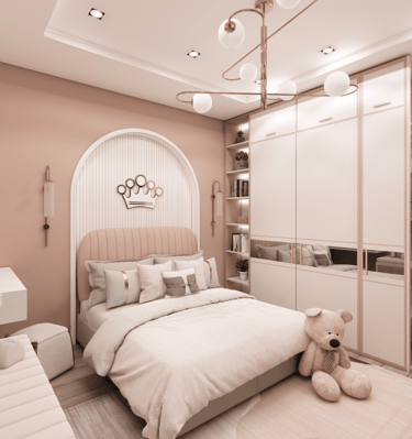 Girl's bedroom interior design with cot, stylish bed back panel, wardrobe and bookshelf by CASA DESIGNERS