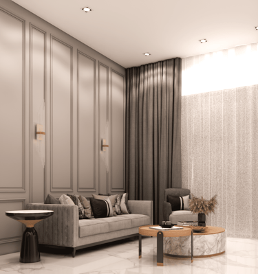 Interior design detail of living room sofa back panel paired with sofa and curtains