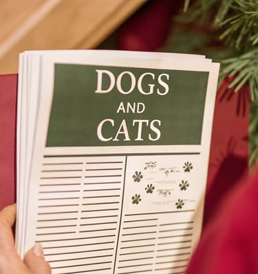 a person holding a book with a dog and cat